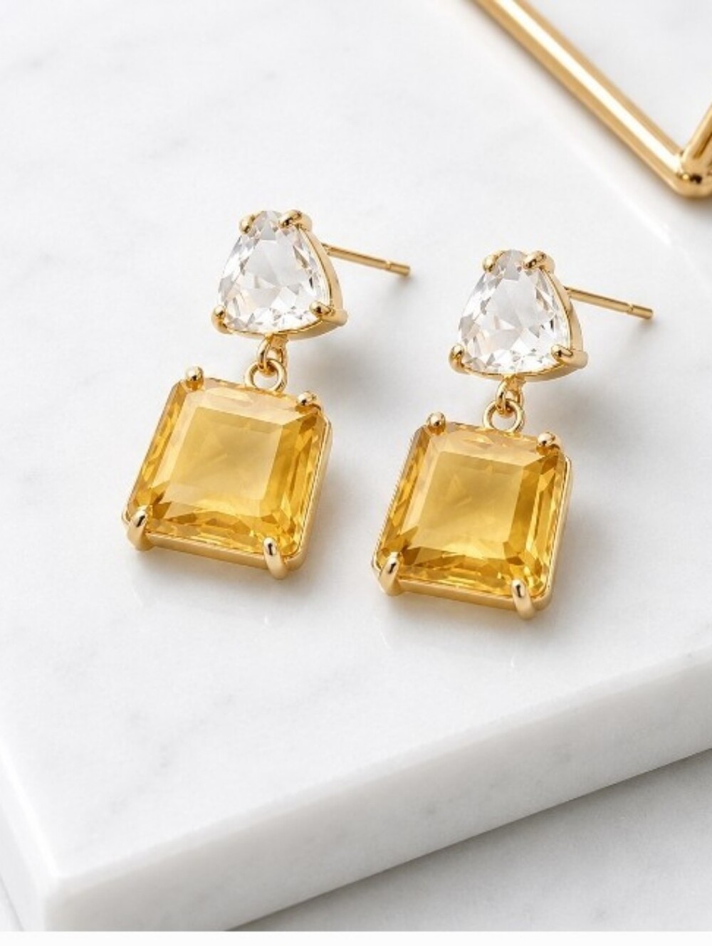 Gold Citrine Drop Earrings with Clear Crystal